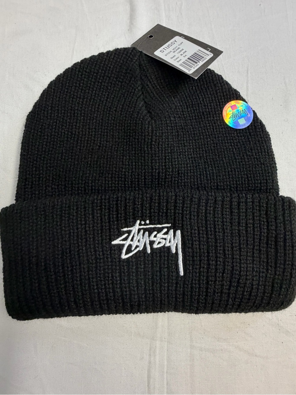 Stussy Black Beanie with White Script Logo